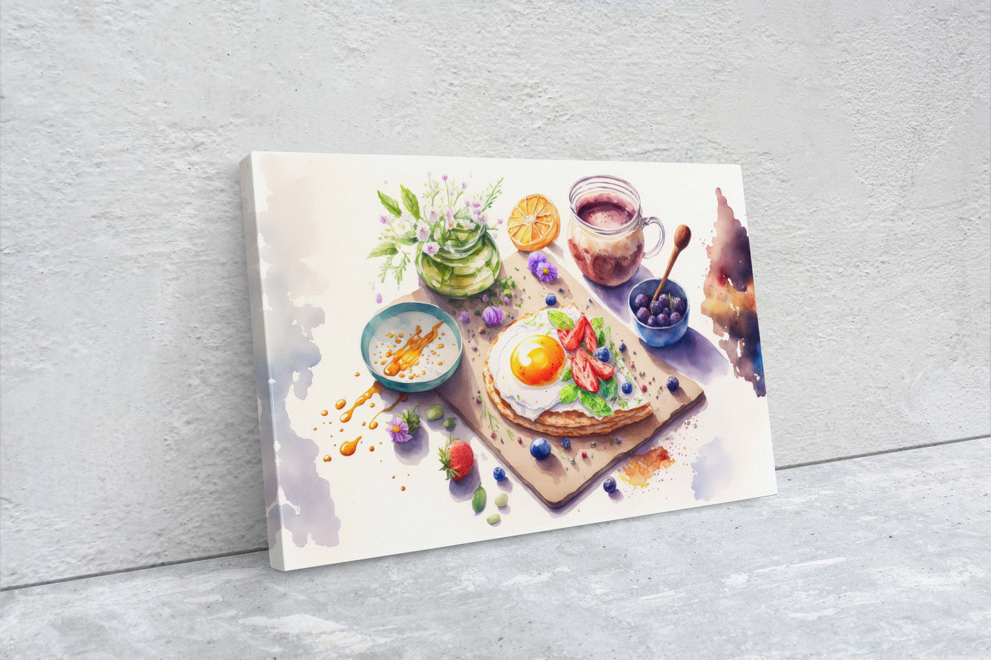 Watercolor Breakfast Canvas Art Ready To Hang Large Print, Oil Painting, Colorful, Eggs, Water Color, kitchen