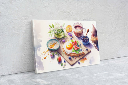Watercolor Breakfast Canvas Art Ready To Hang Large Print, Oil Painting, Colorful, Eggs, Water Color, kitchen