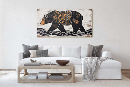 Bear Folk Art, Scandinavian Folk Art, Linocut Print, Wide Art, Large Art Print