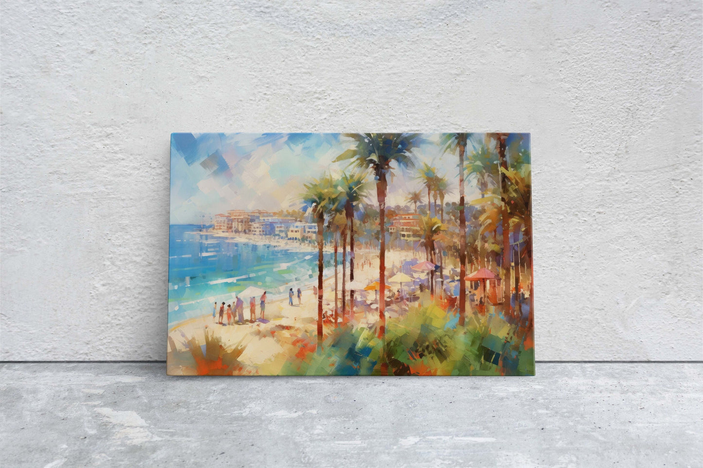 Watercolor Beach on Canvas, Beach Town, Ocean Resort, Tropical Vacation, Beach front, Water Sunset, Palm Trees, Blue Water