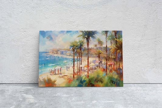 Watercolor Beach on Canvas, Beach Town, Ocean Resort, Tropical Vacation, Beach front, Water Sunset, Palm Trees, Blue Water