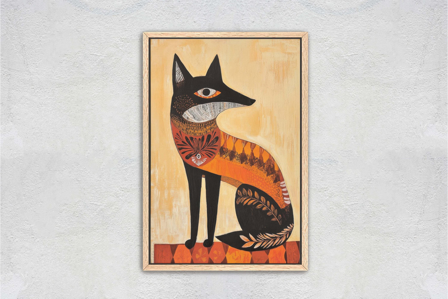 Scandinavian Fox, Folk Art, Celestial Art,  Framed Canvas, Nature Print, Whimsical, Egyptian, Abstract