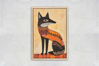 Scandinavian Fox, Folk Art, Celestial Art,  Framed Canvas, Nature Print, Whimsical, Egyptian, Abstract