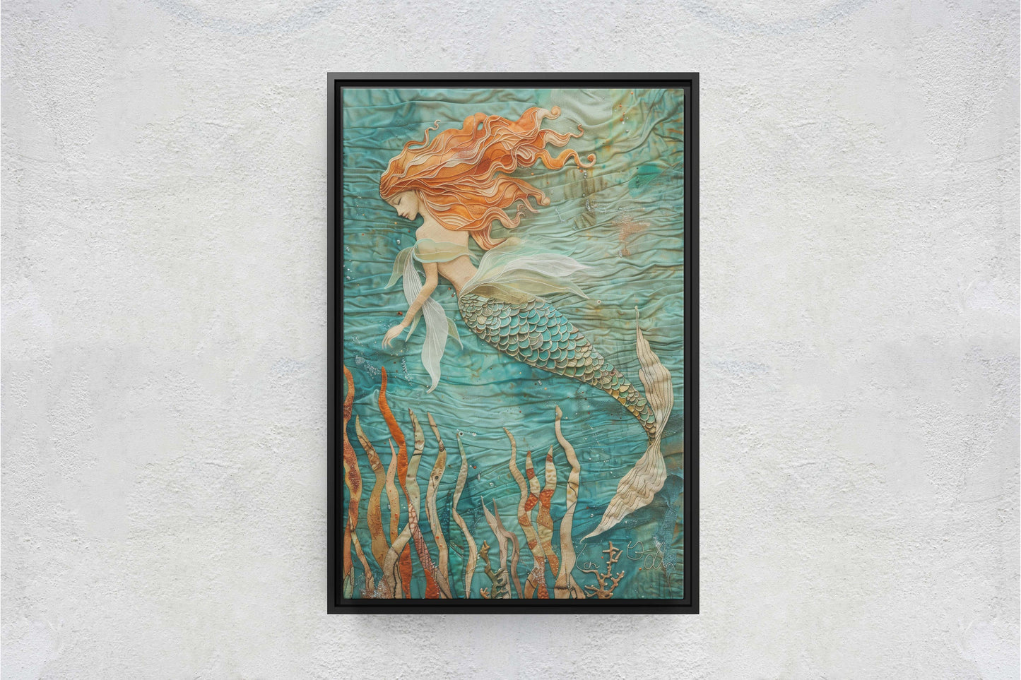 Mermaid in Garden, Nautical Artwork, Ocean Decor, Mythical Creature, Fantasy Decor, Faux Fabric, Framed Canvas, Extra Large Print