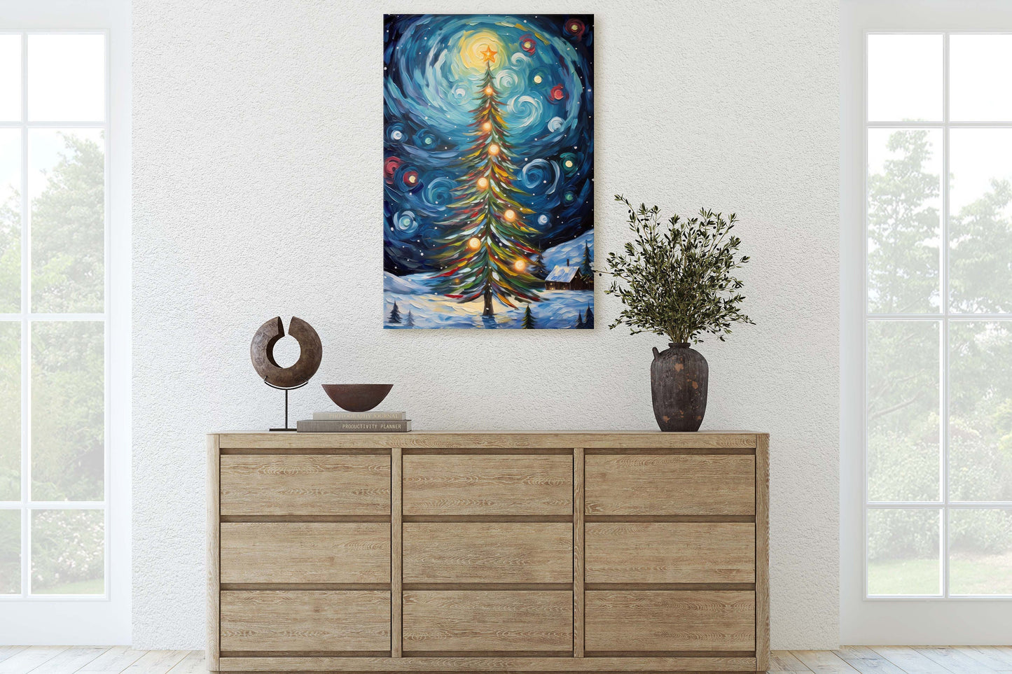 Starry Christmas Tree, Starry Night, Christmas Painting, Xmas Decor, Framed Canvas, Large Painting, Festive Print, Winter Art