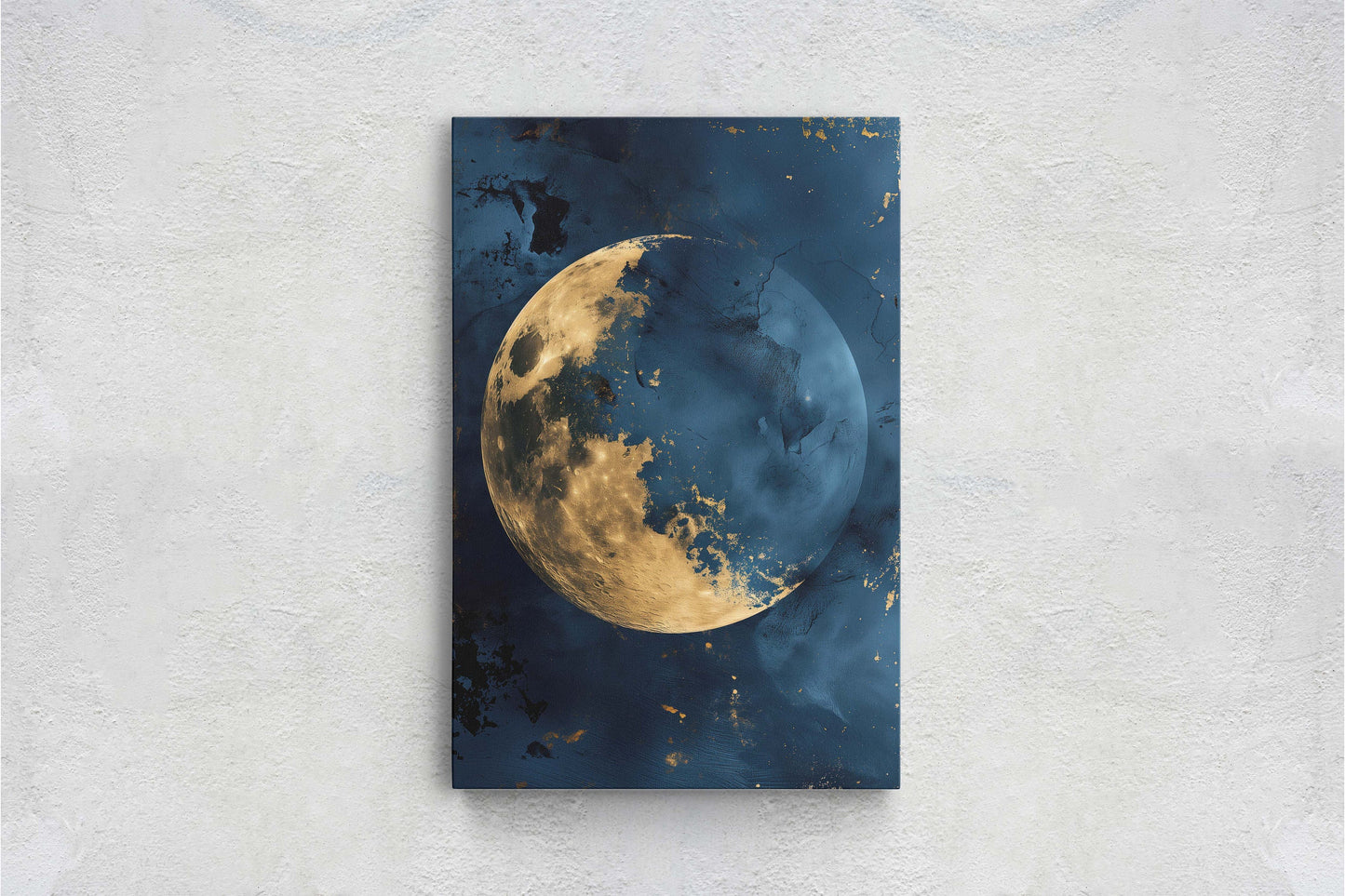 Gold Moon Indigo, Celestial Painting, Gold and Dark Blue, Minimalist Decor, Maximalist Art, Framed Canvas, Space Decor, Night Sky