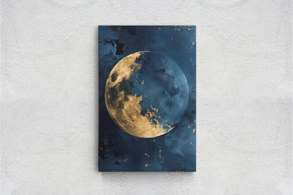 Gold Moon Indigo, Celestial Painting, Gold and Dark Blue, Minimalist Decor, Maximalist Art, Framed Canvas, Space Decor, Night Sky