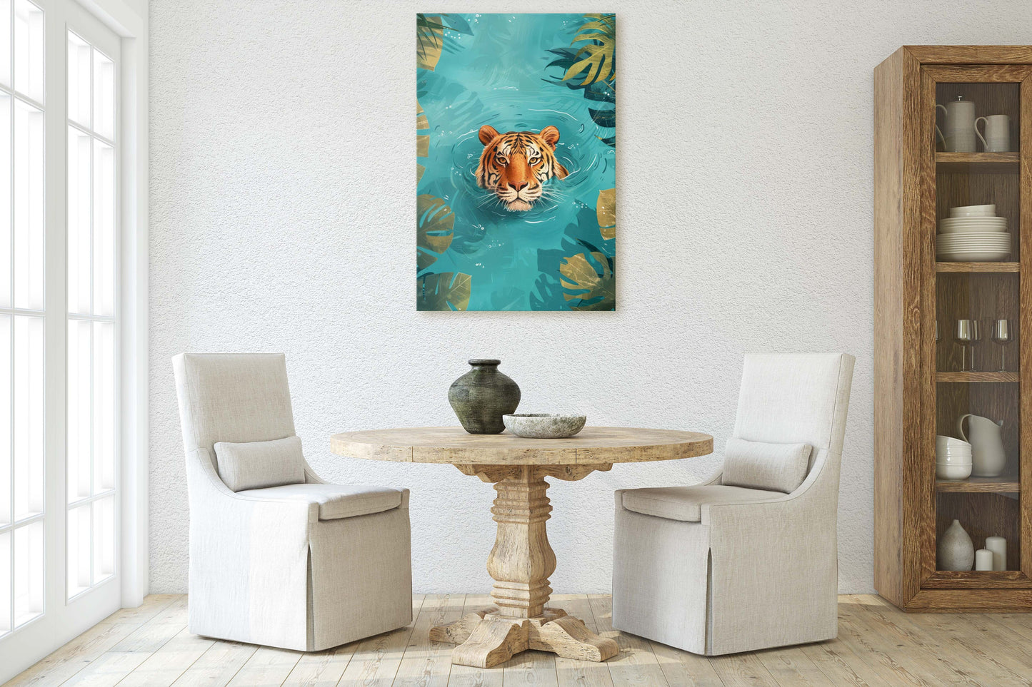 Tiger in Water, Big Cat Art, Framed Canvas, Large Art Print, Tropical Decor, Rainforest Print, Jungle Art