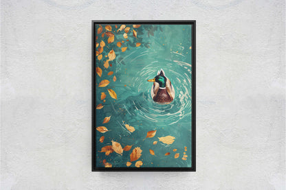 Mallard Duck Fall, Duck in Lake, Framed Canvas, Fall Season, Large Art print, Vertical Print, Leaves in Lake, Tranquil Decor