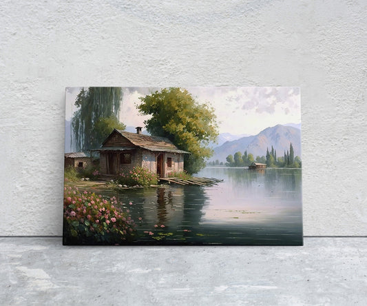 Lake Cottage Canvas Art Ready To Hang Large Print, Oil Painting, Landscape, Dali Lake India