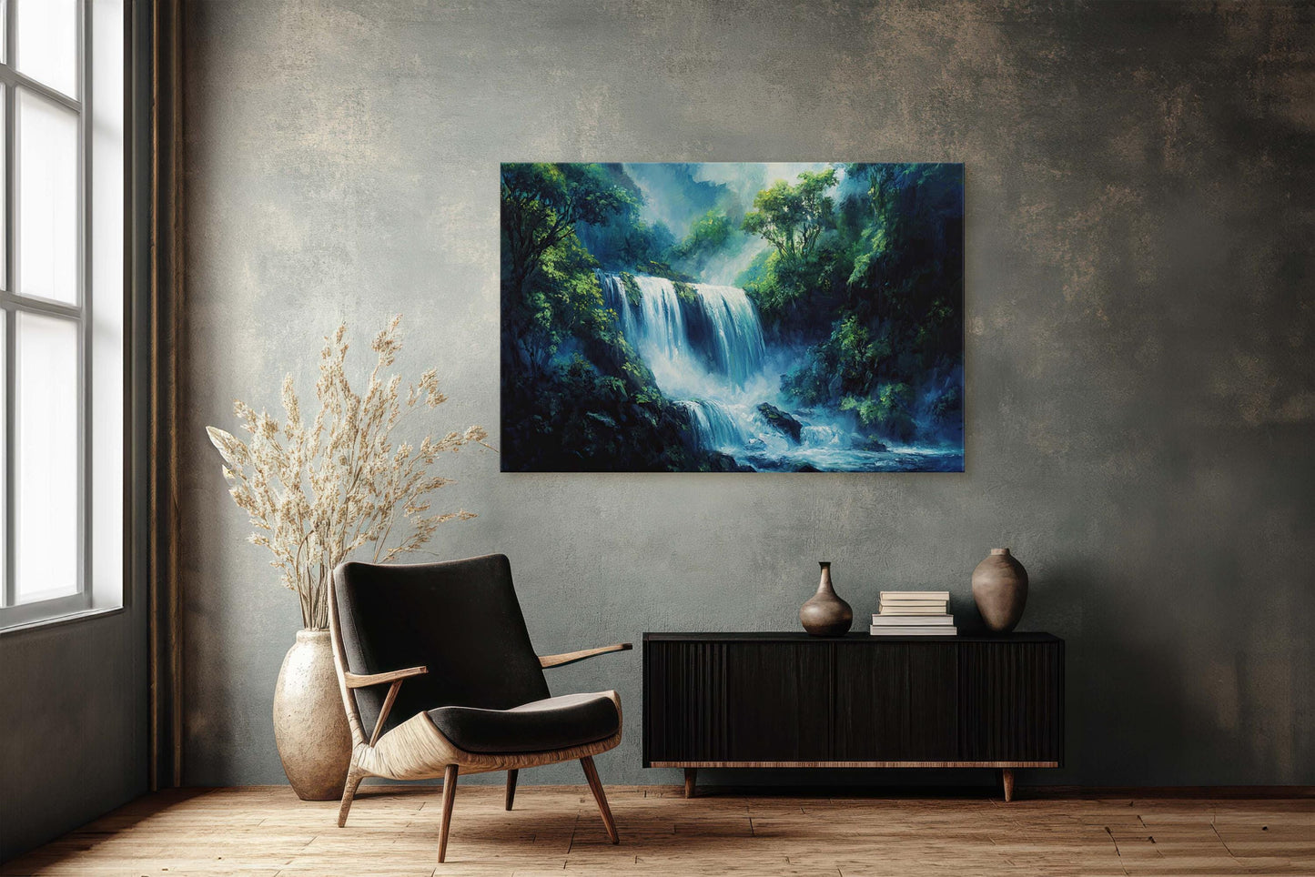 Waterfall Painting, Nature painting, Rushing waterfall, Mountain River, Mountain Lake