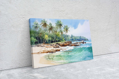 Beach Waves on Canvas, High Tide, Blue water, Green water, Palm Trees, Tropical Paradise, Ocean Vacation, Framed Canvas