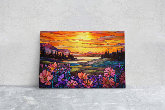 Stained Glass Painting, Faux Stained Glass, Sunset Flowers, Sunrise Field, Mountain Landscape, Framed Canvas, Vivid Colorful