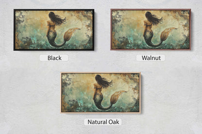 three pictures of a mermaid with long hair