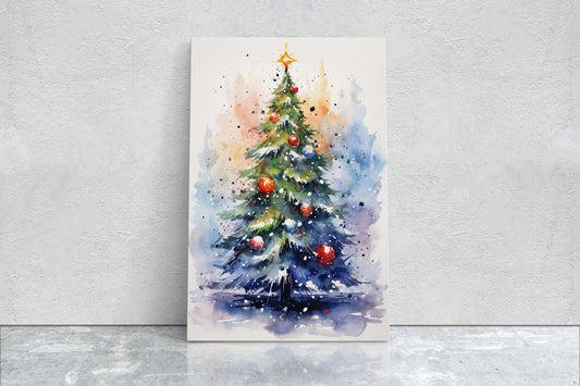 Christmas Tree Art, Christmas Decor, x-mas watercolor, Tree and Ornaments, Framed Canvas Print, Holiday Decor, Winter wall art