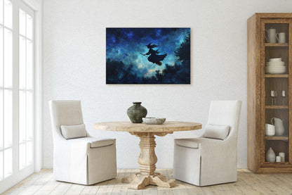 Flying Witch, Witch on Broomstick, Whimsical Decor, Halloween Art, Star Sky, Forest Night
