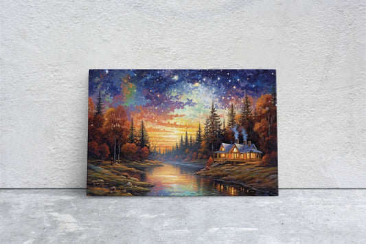 Starry Cottage, Colorful Night Sky, Stream Dawn, Forest Cabin, Woodlands, River Art, Woods Nightfall, Vibrant Color, Calm Atmosphere