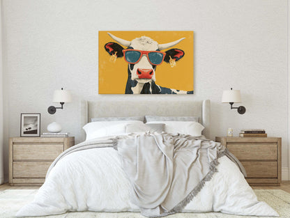 Hipster Cow, Pop Art, Street Art, Graffiti Painting, Animal Sunglasses, Yellow, Fun Quirky, Large Art Print, Kids Room, Boys Room