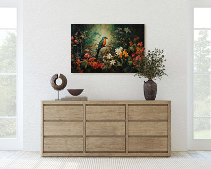 Jungle Bird Painting, Jungle Art, Green Jungle, Framed Canvas, Large Print, Beautiful Bird, Flower Jungle, Tropical Forest, Rainforest Art