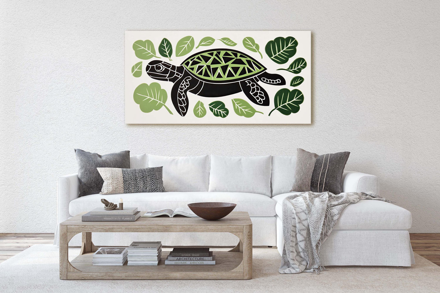 Turtle Folk Art, Scandinavian Art, Linocut Print, Framed Canvas, Large Canvas Print