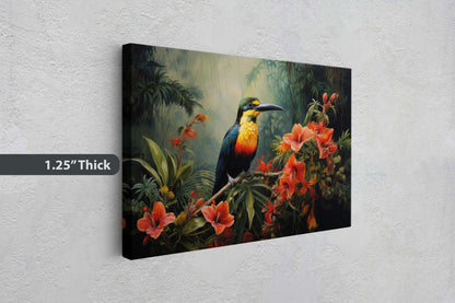 Jungle Bird Painting, Jungle Art, Green Jungle, Framed Canvas, Large Print, Beautiful Bird, Flower Jungle, Tropical Forest, Rainforest Art