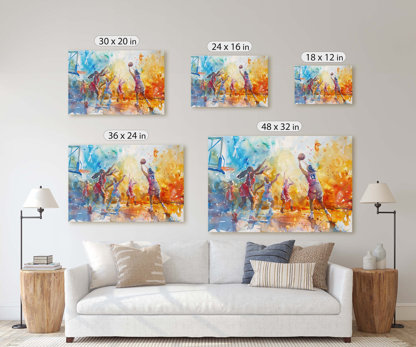 Women's Basketball, Girls Basketball, Colorful sports, Woman Sports, Large Art Print, Framed Canvas, Girls Room, Kids room, Athlete