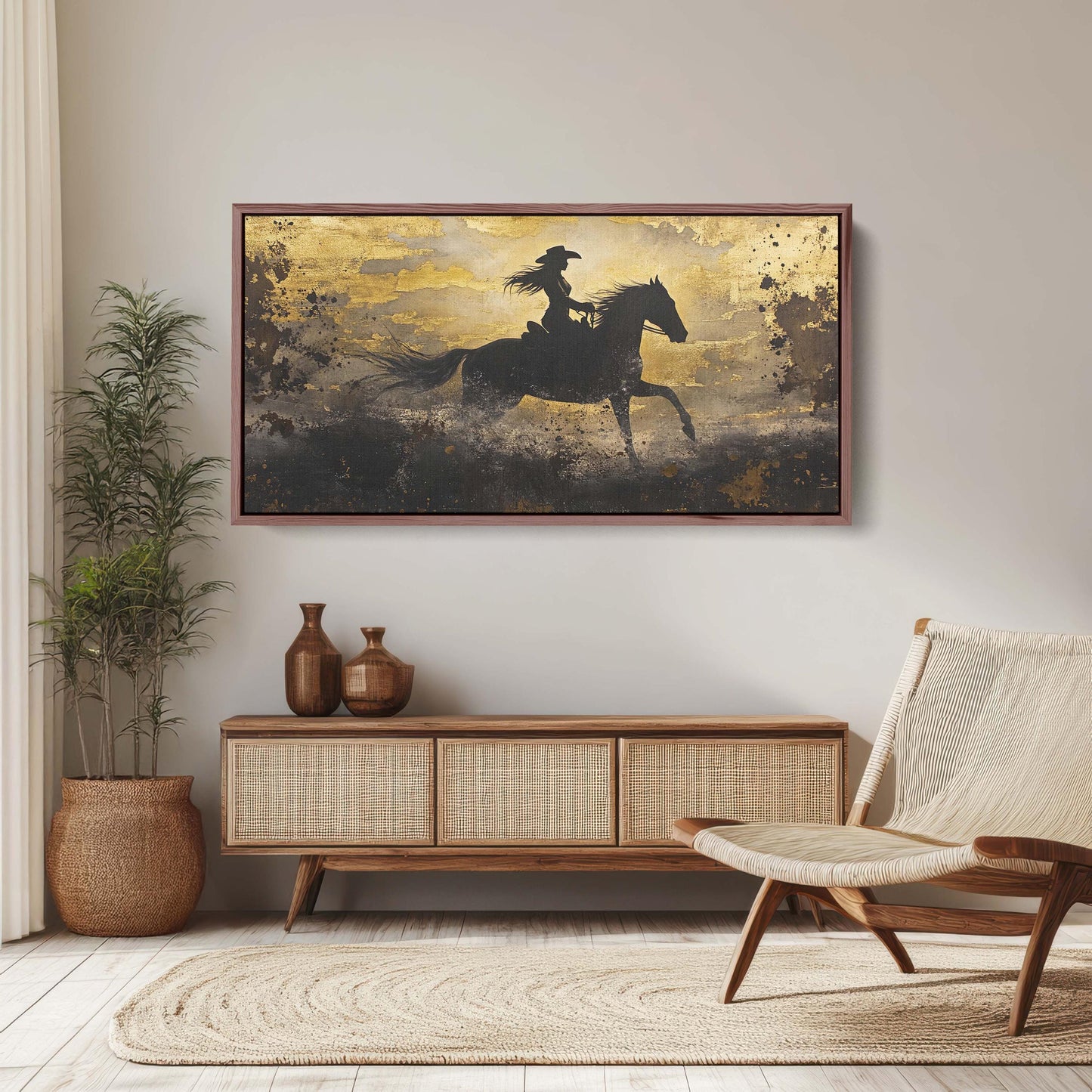 Woman Riding Horse, Cowgirl Painting, Black and Gold, Cowboy Art, Western Decor
