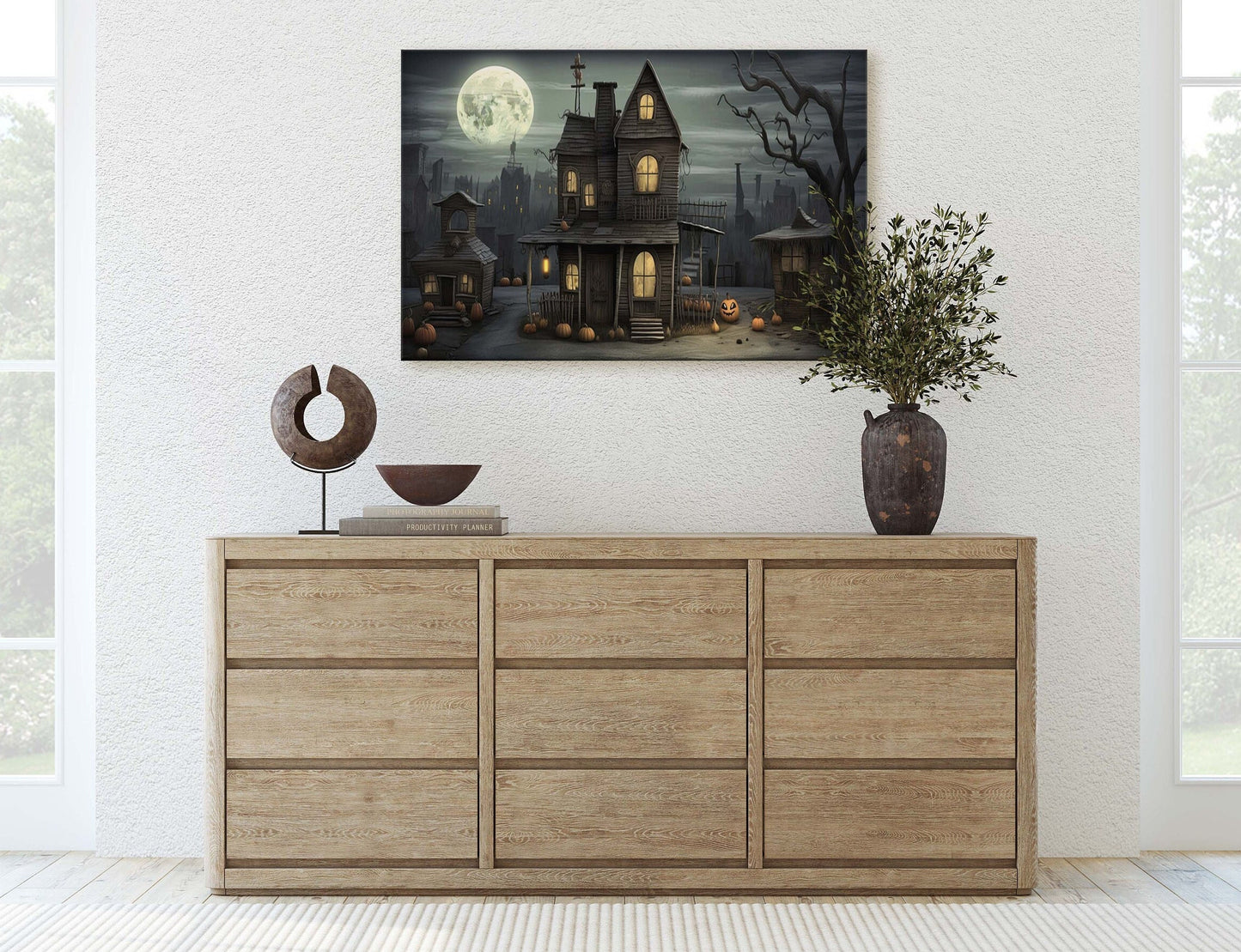 Spooky Mansion, Halloween House, Gothic Home, Scary House, Moonlit Black, Framed Canvas, Creepy cute, Spooky house Art