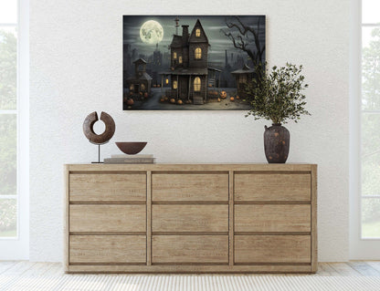 Spooky Mansion, Halloween House, Gothic Home, Scary House, Moonlit Black, Framed Canvas, Creepy cute, Spooky house Art