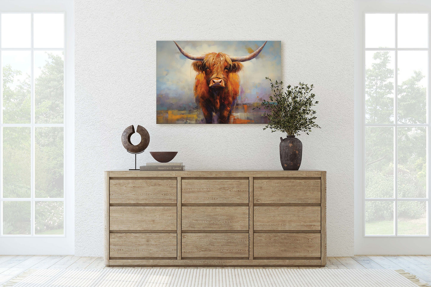 Highland Cow, Scottish Cow, Scotland Cattle, Long-haired cow, Rustic Farmhouse, Farm Animal, Barn Decor, Canvas Art Print, Painting
