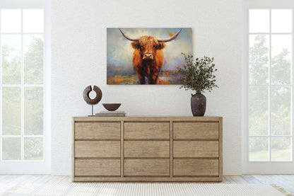 Highland Cow, Scottish Cow, Scotland Cattle, Long-haired cow, Rustic Farmhouse, Farm Animal, Barn Decor, Canvas Art Print, Painting