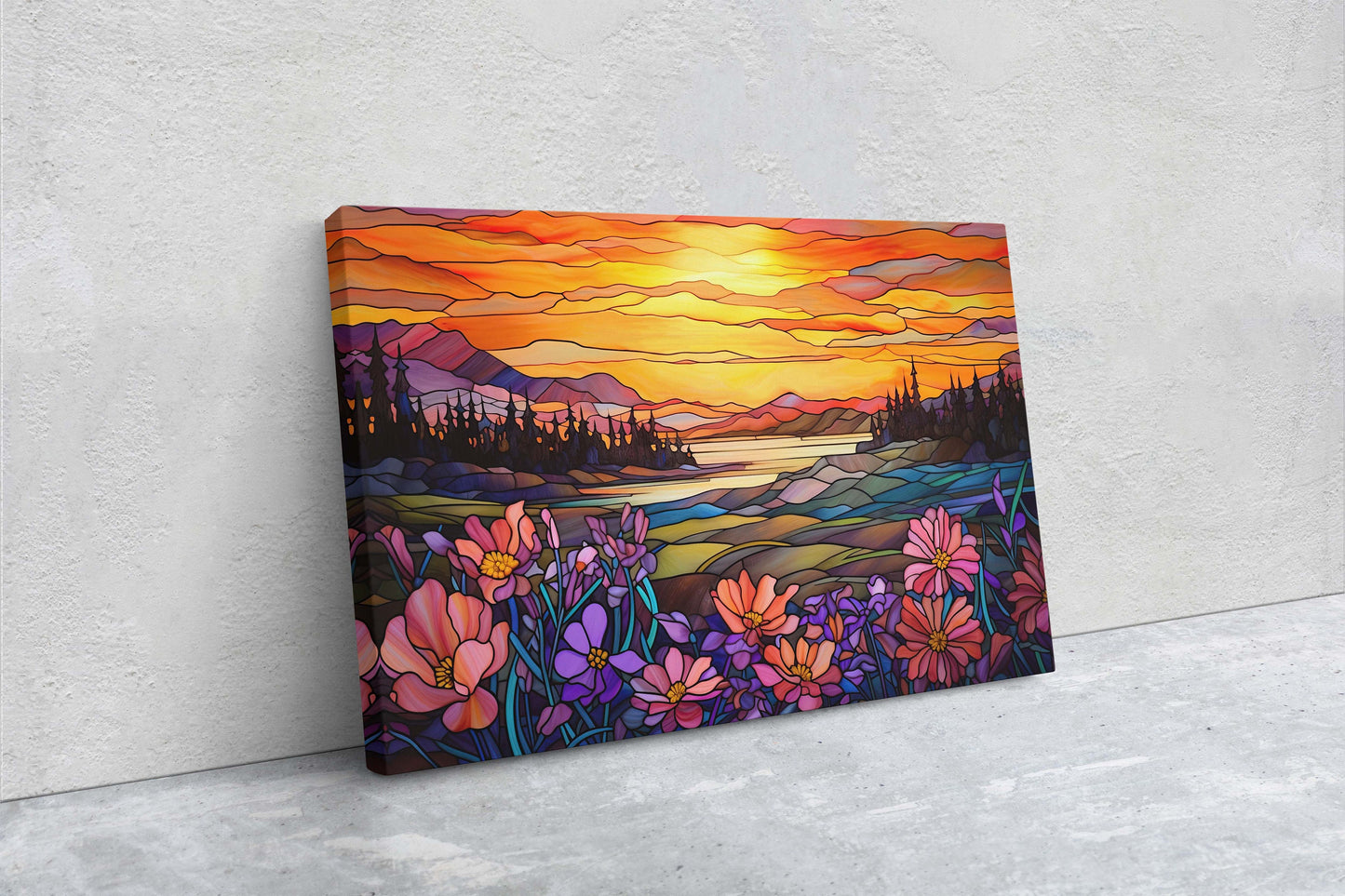 Stained Glass Painting, Faux Stained Glass, Sunset Flowers, Sunrise Field, Mountain Landscape, Framed Canvas, Vivid Colorful