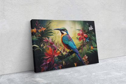 Jungle Bird Painting, Jungle Art, Green Jungle, Framed Canvas, Large Print, Beautiful Bird, Flower Jungle, Tropical Forest, Rainforest Art