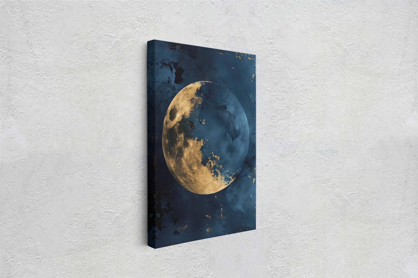 Gold Moon Indigo, Celestial Painting, Gold and Dark Blue, Minimalist Decor, Maximalist Art, Framed Canvas, Space Decor, Night Sky