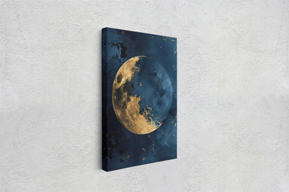 Gold Moon Indigo, Celestial Painting, Gold and Dark Blue, Minimalist Decor, Maximalist Art, Framed Canvas, Space Decor, Night Sky
