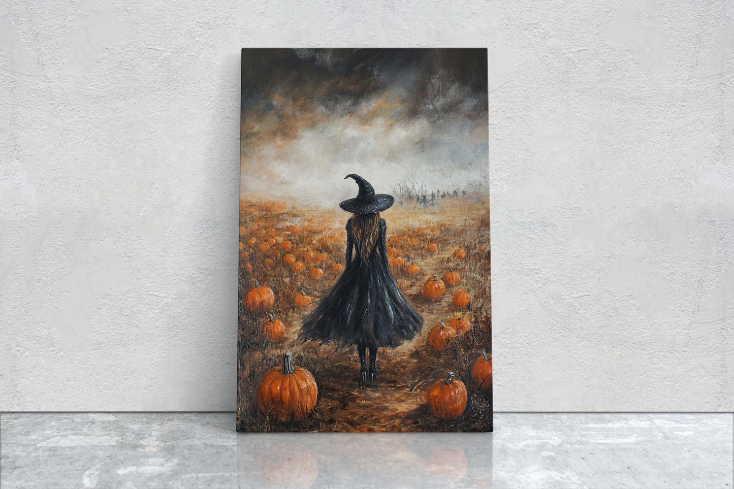 Witch Pumpkin Patch, Black Witch, Pumpkin Field, Halloween Decor, Gothic Art, Artistic, Lone Witch