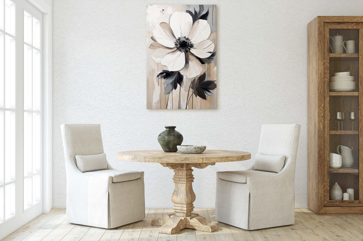 Modern Flower, Contemporary Art, Flower Painting, Black White Beige