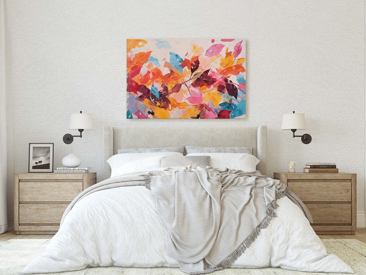 Abstract Leaf Print, Fall Leaves, Autumn,Red Orange Canvas, Fine Art, Modern Artwork, Contemporary Print, Framed Canvas