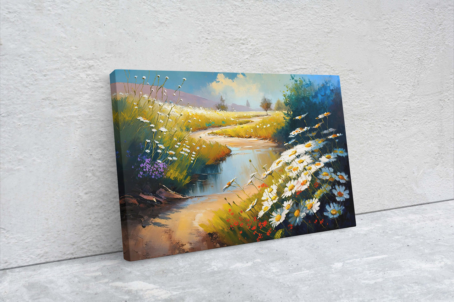 Chamomile Field, White Wildflowers,  Flowers Canvas Art Ready To Hang Large Print, Oil Painting, Landscape