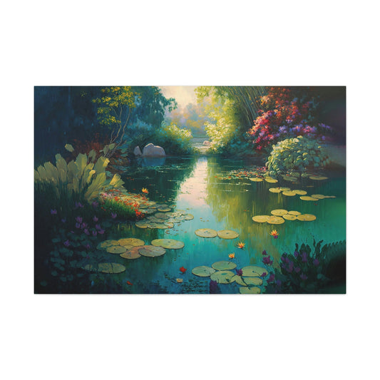 Magical Garden Pond Lily pod Canvas Art Ready To Hang Large Print, Oil Painting, Landscape
