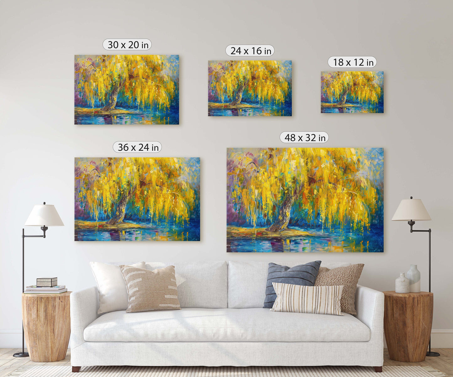 Golden Willow, Weeping Willow, Abstract Modern, Framed Canvas, Large Art Print, Gold and Blue, Tree Painting, Floral Botanical