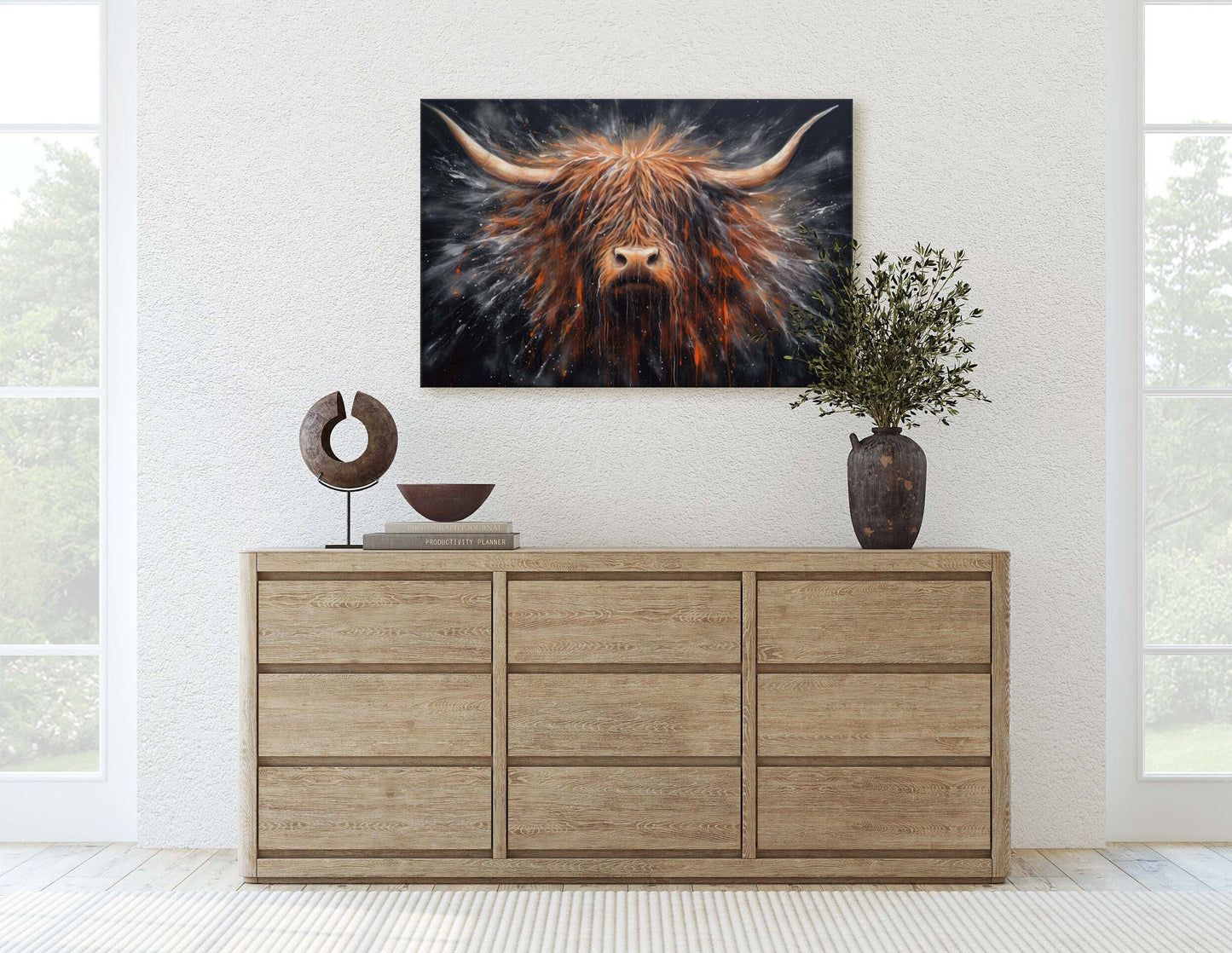 Highland Cow, Scottish Cow, Scotland Cattle, Long-haired cow, Rustic Farmhouse, Farm Animal, Barn Decor, Canvas Art Print, Abstract Painting