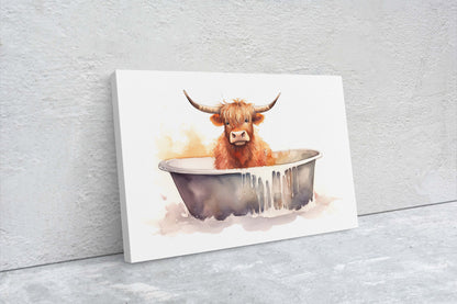Highland Cow on Canvas, Cow Bathtub, Bathroom Decor, Scottish Cow, Bovine Art, Powder Room, Barn Style, Fun Art, Farm Print, Oversized Art