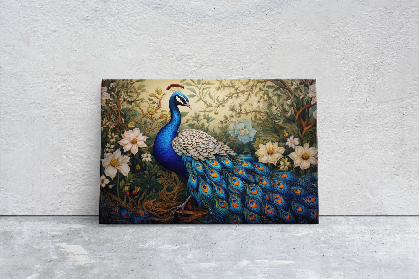 Peacock Painting, White Flowers, Oriental Decor, Traditional Decor, Framed Canvas, Bird Print