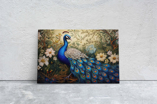 Peacock Painting, White Flowers, Oriental Decor, Traditional Decor, Framed Canvas, Bird Print