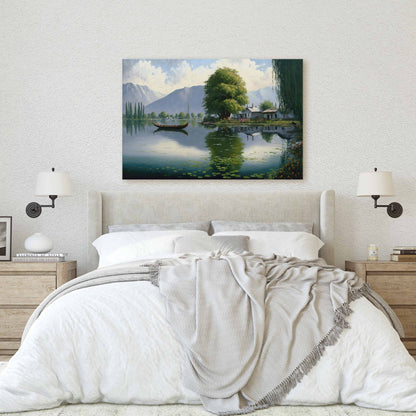Lake Cottage Canvas Art Ready To Hang Large Print, Oil Painting, Landscape, Dali Lake India