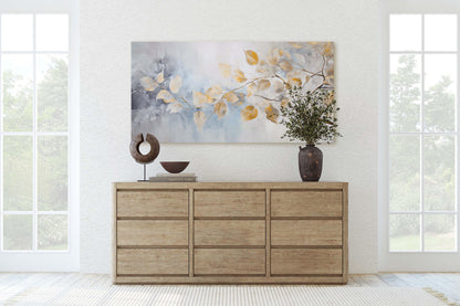 Golden Branches Leaves, Canvas print, Neutral Tones, Floral Art Painting, Contemporary Canvas,   Neutral Color, Gray and Gold, Blue Tones