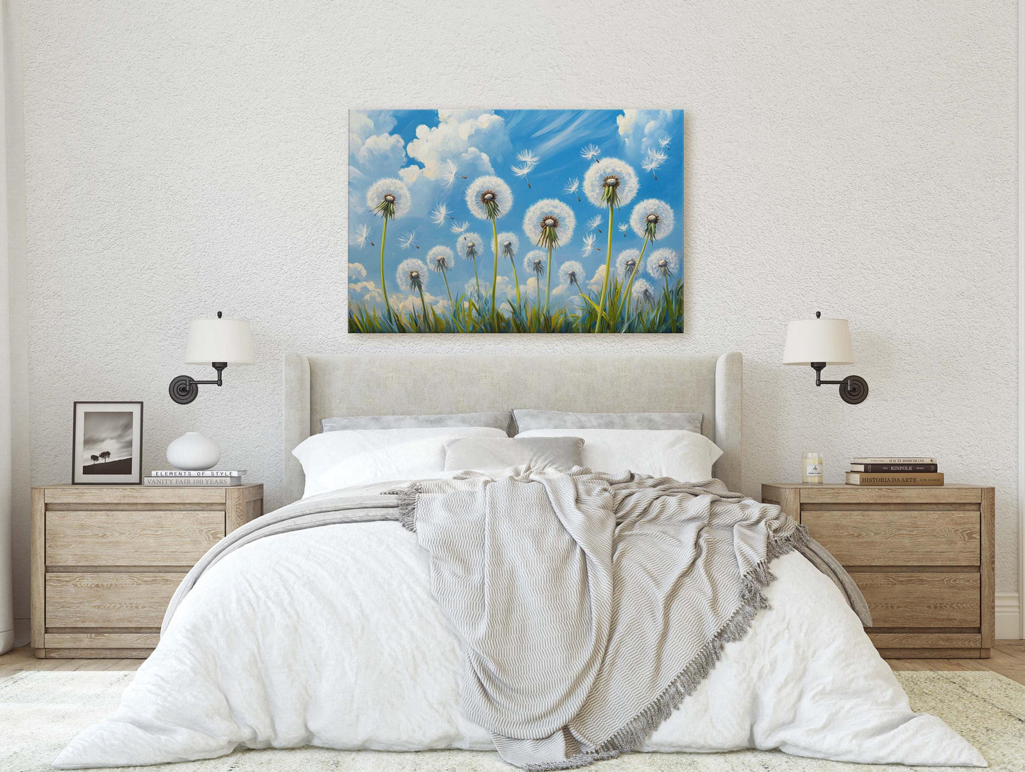 Dandelions Painting, Blue Sky Art, Close up Flowers, Wildflowers Art