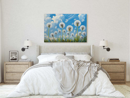 Dandelions Painting, Blue Sky Art, Close up Flowers, Wildflowers Art