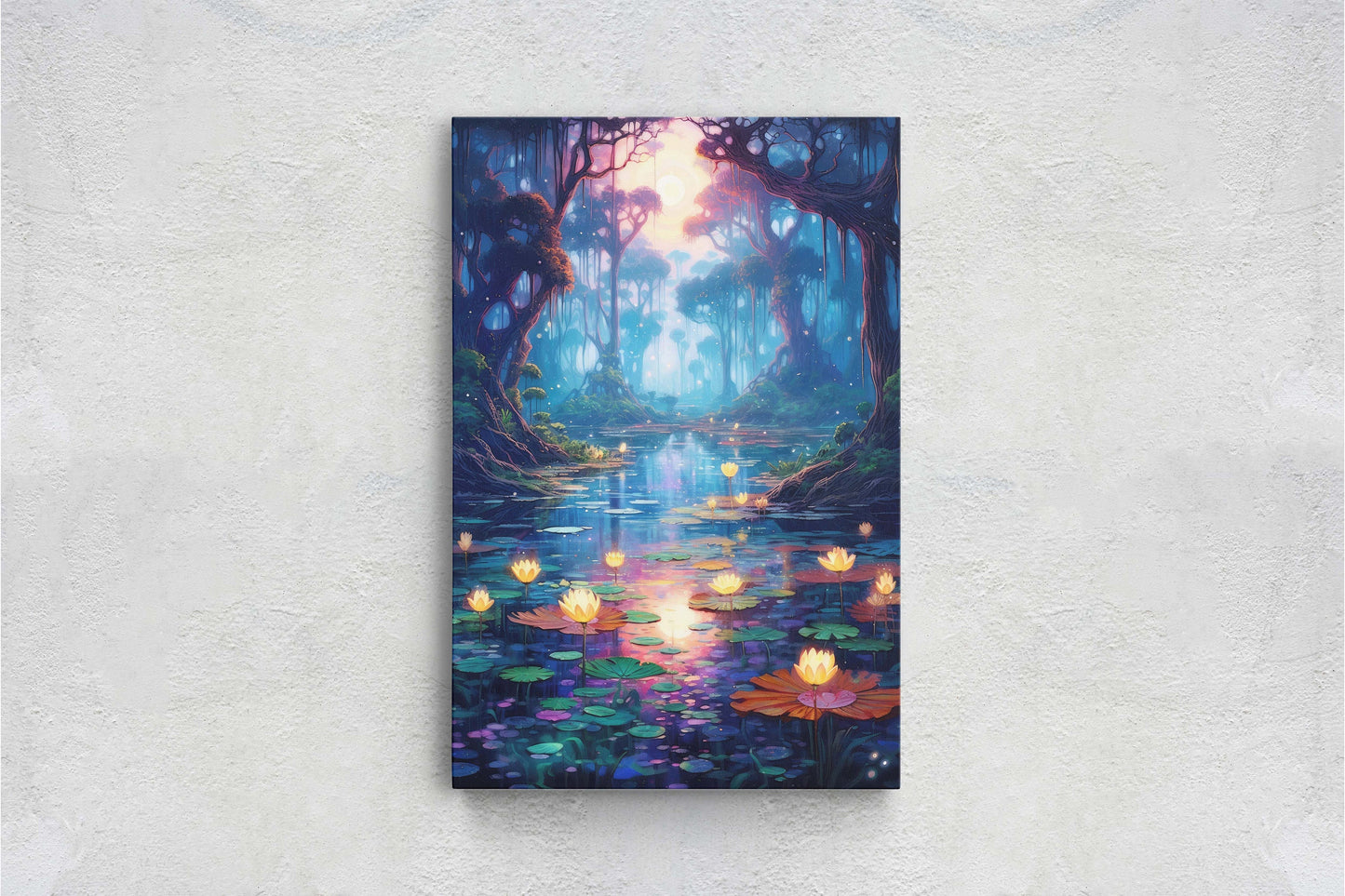 Enchanted Pond, Lamps Night Art, Lantern Forest, Vertical Canvas, Fantasy Decor, Office Art, River Art, Lily Pond, Floating Flower